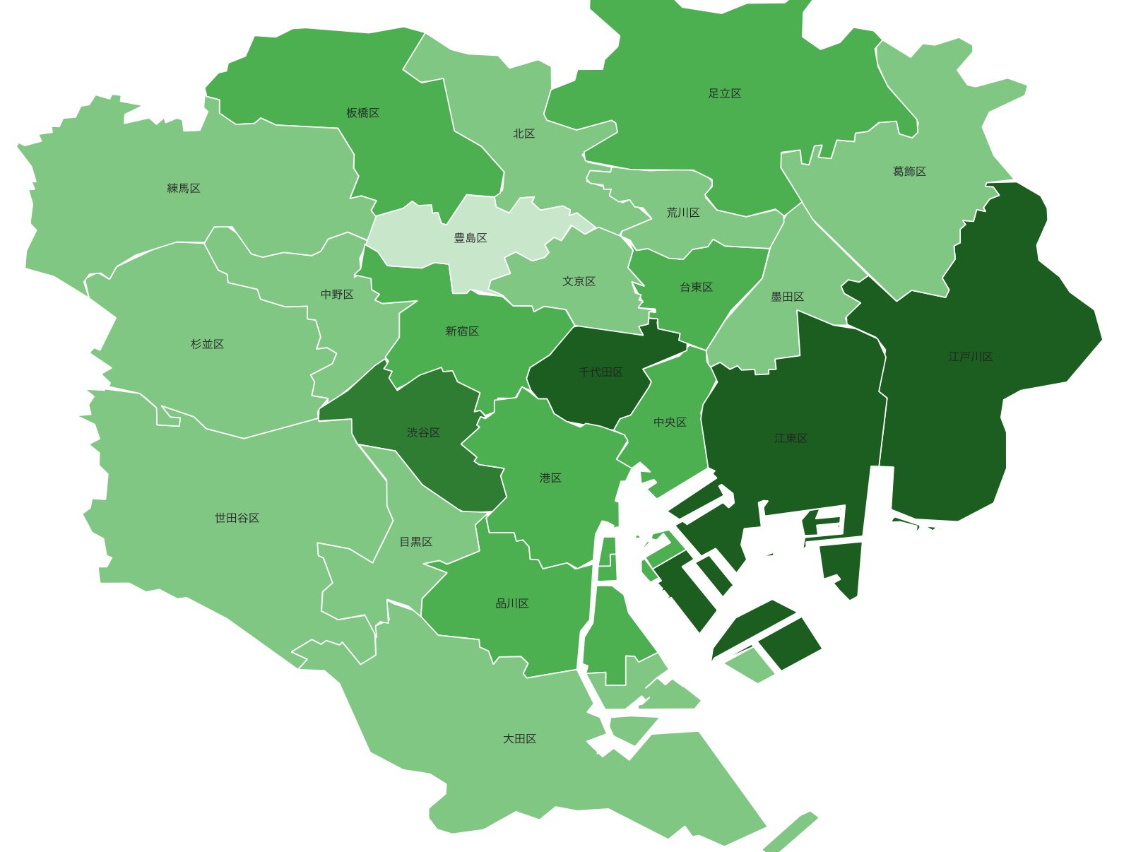 東京23区 公園数マップ — 東京23区の公園数マップ。千代田区が皇居の影響で特に多いことがわかる。